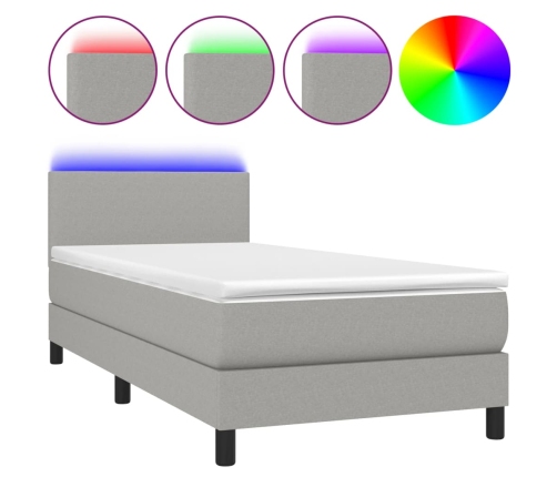 Cama box spring con colchón tela y LED gris claro 80x200 cm