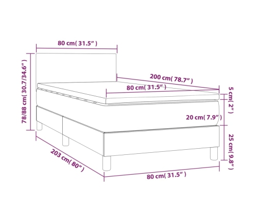 Cama box spring con colchón tela y LED gris claro 80x200 cm