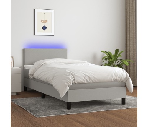 Cama box spring con colchón tela y LED gris claro 80x200 cm