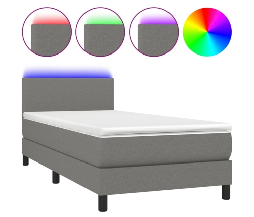 Cama box spring con colchón y LED tela gris oscuro 80x200 cm