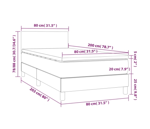 Cama box spring con colchón y LED tela gris oscuro 80x200 cm