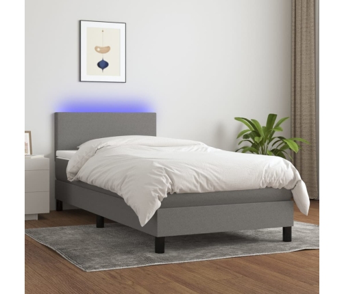 Cama box spring con colchón y LED tela gris oscuro 80x200 cm