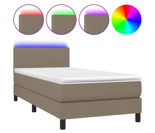 Cama box spring con colchón LED tela gris taupe 80x200 cm