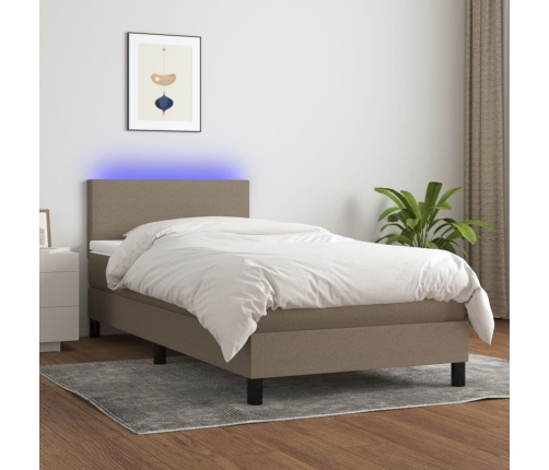 Cama box spring con colchón LED tela gris taupe 80x200 cm