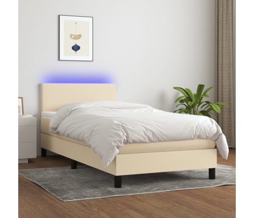 Cama box spring con colchón y LED tela crema 80x200 cm