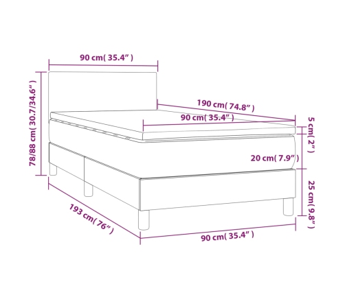 Cama box spring con colchón y LED tela gris oscuro 90x190 cm