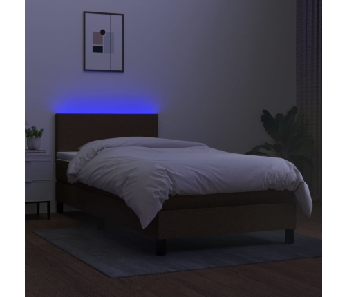 Cama box spring con colchón LED tela marrón oscuro 90x190 cm