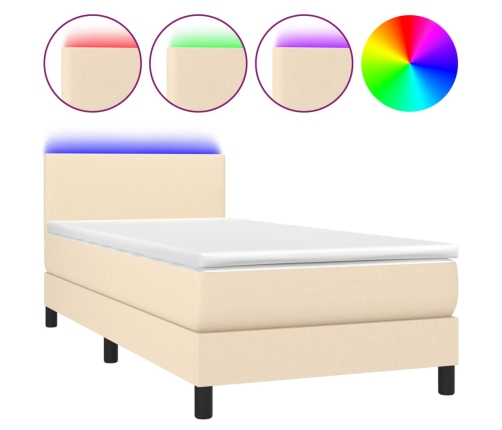 Cama box spring con colchón y LED tela crema 90x190 cm