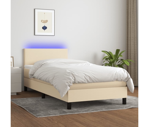 Cama box spring con colchón y LED tela crema 90x190 cm