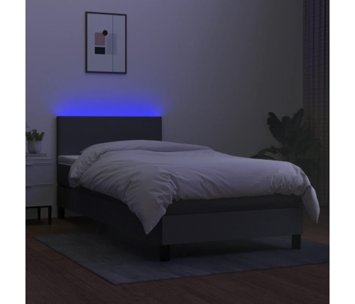 Cama box spring con colchón y LED tela gris oscuro 90x200 cm
