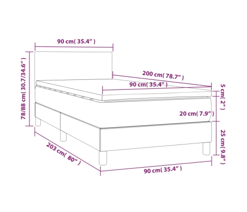 Cama box spring con colchón y LED tela gris oscuro 90x200 cm