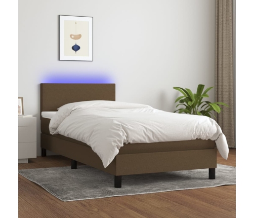 Cama box spring con colchón LED tela marrón oscuro 90x200 cm