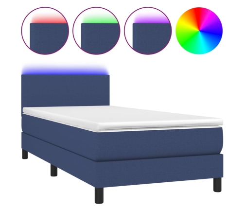 Cama box spring con colchón y LED tela azul 90x200 cm