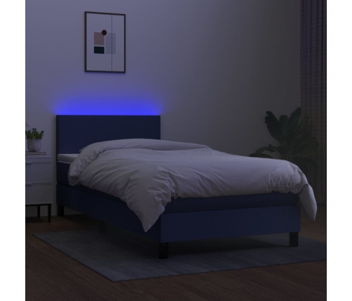 Cama box spring con colchón y LED tela azul 90x200 cm