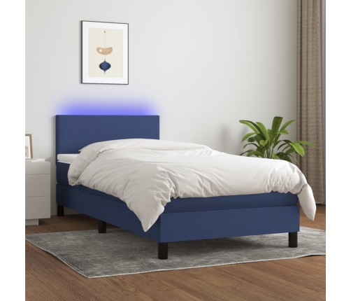 Cama box spring con colchón y LED tela azul 90x200 cm