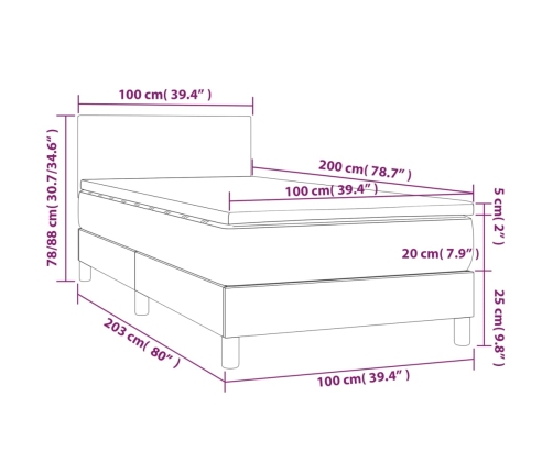 Cama box spring con colchón tela y LED gris claro 100x200 cm