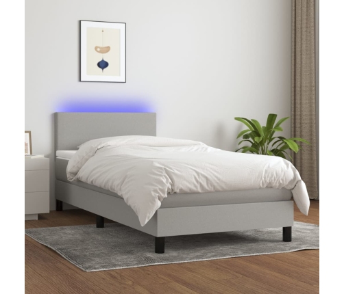 Cama box spring con colchón tela y LED gris claro 100x200 cm