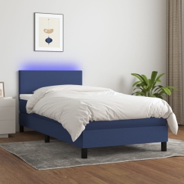 Cama box spring con colchón y LED tela azul 100x200 cm