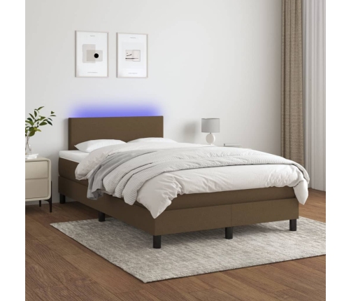 vidaXL Cama box spring con colchón LED tela marrón oscuro 120x200 cm