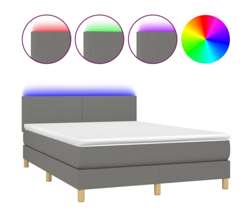 Cama box spring con colchón y LED tela gris oscuro 140x190 cm