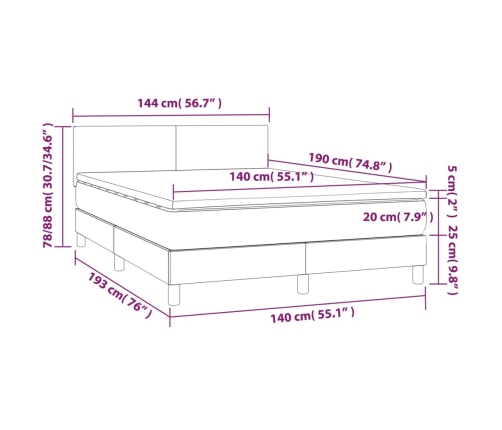 Cama box spring con colchón y LED tela gris oscuro 140x190 cm