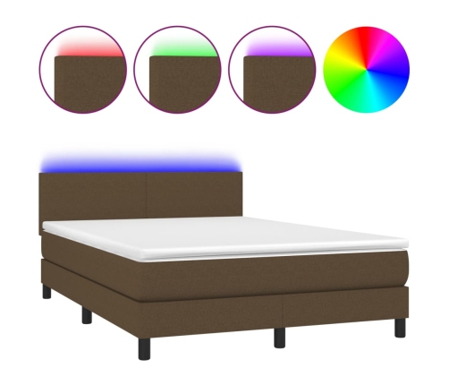 Cama box spring con colchón LED tela marrón oscuro 140x190 cm