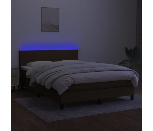 Cama box spring con colchón LED tela marrón oscuro 140x190 cm