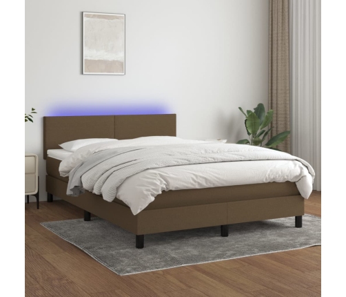 Cama box spring con colchón LED tela marrón oscuro 140x190 cm