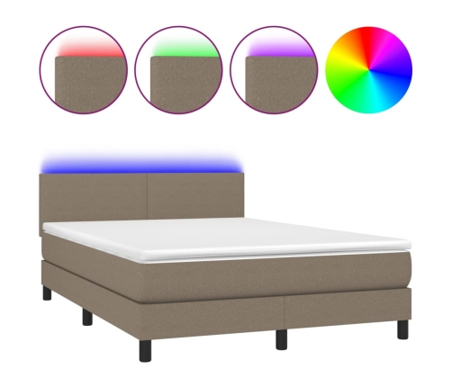 vidaXL Cama box spring con colchón LED tela gris taupe 140x190 cm