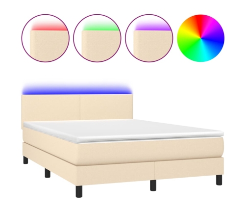 Cama box spring con colchón y LED tela crema 140x190 cm