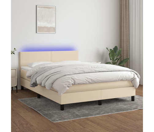 Cama box spring con colchón y LED tela crema 140x190 cm