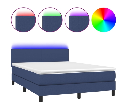 Cama box spring con colchón y LED tela azul 140x190 cm