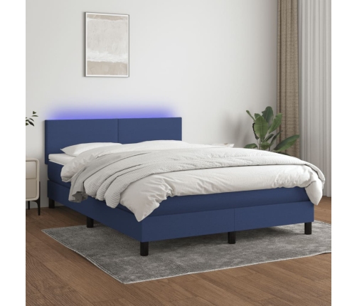 Cama box spring con colchón y LED tela azul 140x190 cm