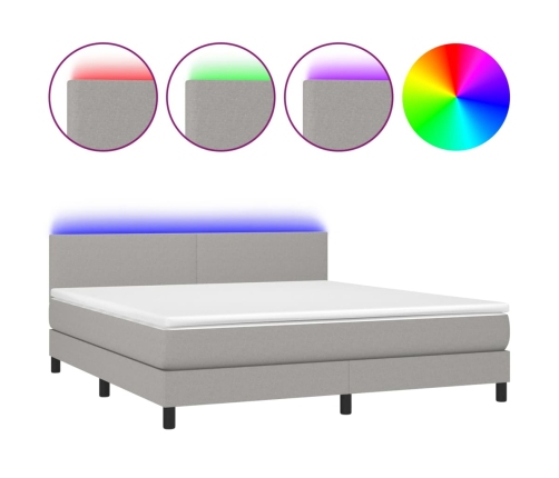 Cama box spring con colchón tela y LED gris claro 160x200 cm