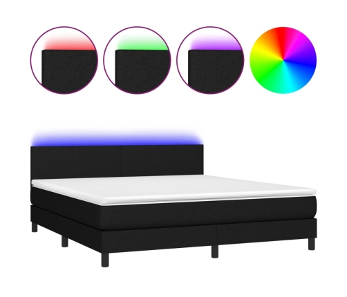 Cama box spring con colchón LED tela negro 160x200 cm