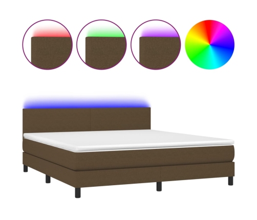 Cama box spring con colchón LED tela marrón oscuro 160x200 cm