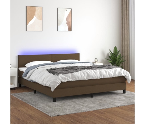 Cama box spring con colchón LED tela marrón oscuro 160x200 cm