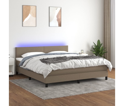 Cama box spring con colchón LED tela gris taupe 160x200 cm