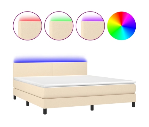 Cama box spring con colchón y LED tela crema 160x200 cm