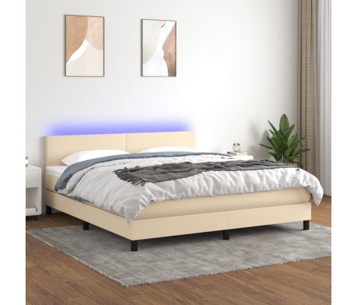 Cama box spring con colchón y LED tela crema 160x200 cm