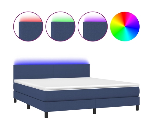 Cama box spring con colchón y LED tela azul 160x200 cm