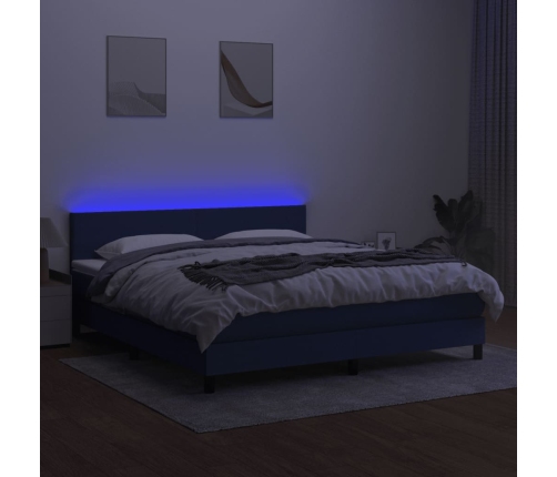 Cama box spring con colchón y LED tela azul 160x200 cm