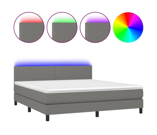 Cama box spring con colchón y LED tela gris oscuro 180x200 cm