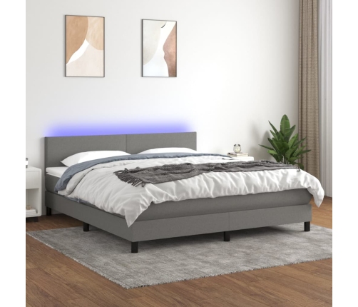 Cama box spring con colchón y LED tela gris oscuro 180x200 cm