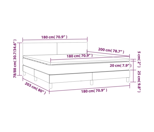 Cama box spring con colchón LED tela marrón oscuro 180x200 cm