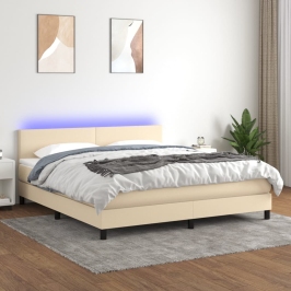 Cama box spring con colchón y LED tela crema 180x200 cm