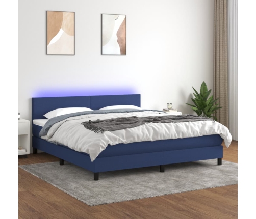 Cama box spring con colchón y LED tela azul 180x200 cm