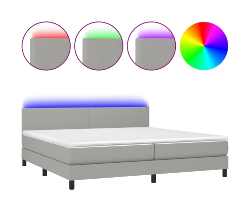 Cama box spring con colchón tela y LED gris claro 200x200 cm