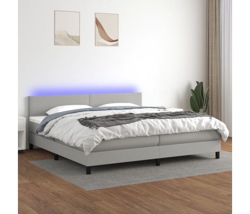 Cama box spring con colchón tela y LED gris claro 200x200 cm