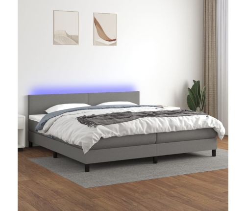 Cama box spring con colchón y LED tela gris oscuro 200x200 cm